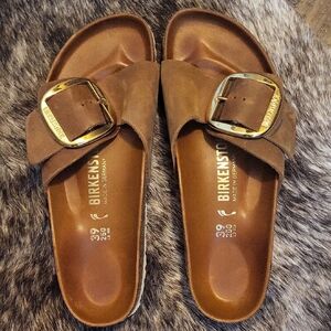 Birkenstock Madrid Big Buckle Sandals in Cognac Brown with Gold Buckles